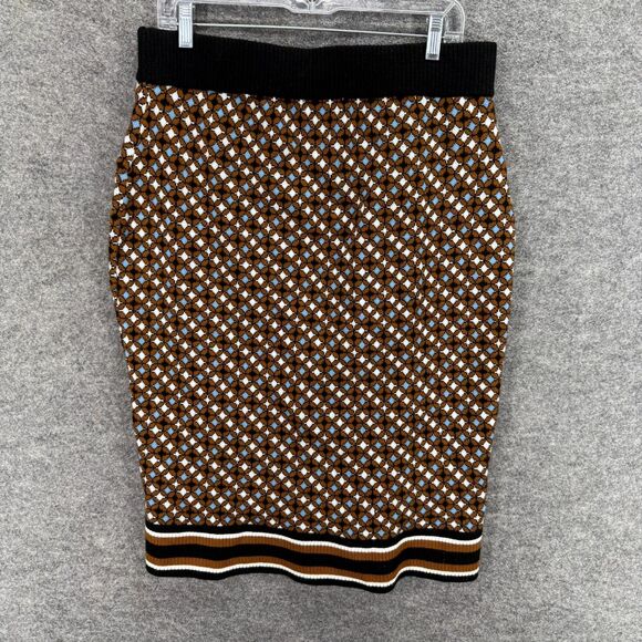 Nine West Women L Large Brown Geometric Pencil Midi Rayon Pull On Mid Rise - Picture 2 of 7